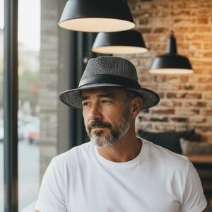 Vintage Mavili’s Tweed Fedora Hat‎ XL Made in Canada Black White Wool Blend 80s